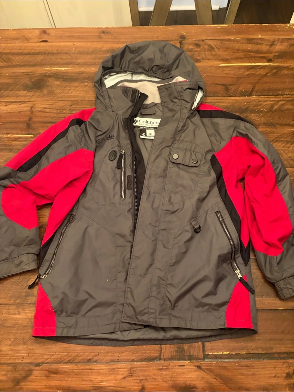 Columbia Kids Gray and Red Hooded Rain Jacket